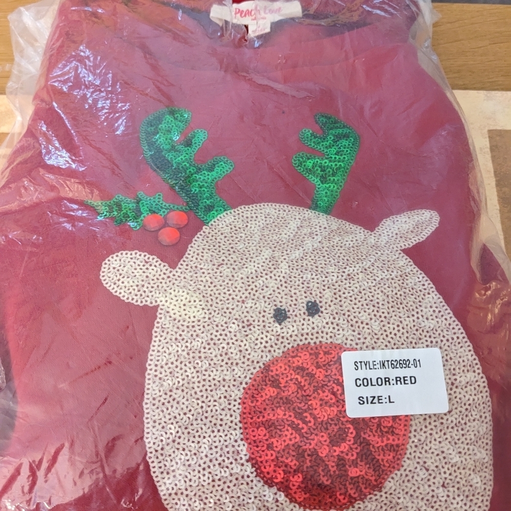 Reindeer Sequin Crewneck Sweatshirt Red Women Crop Christmas Red Nose New Cozy - Picture 7 of 7